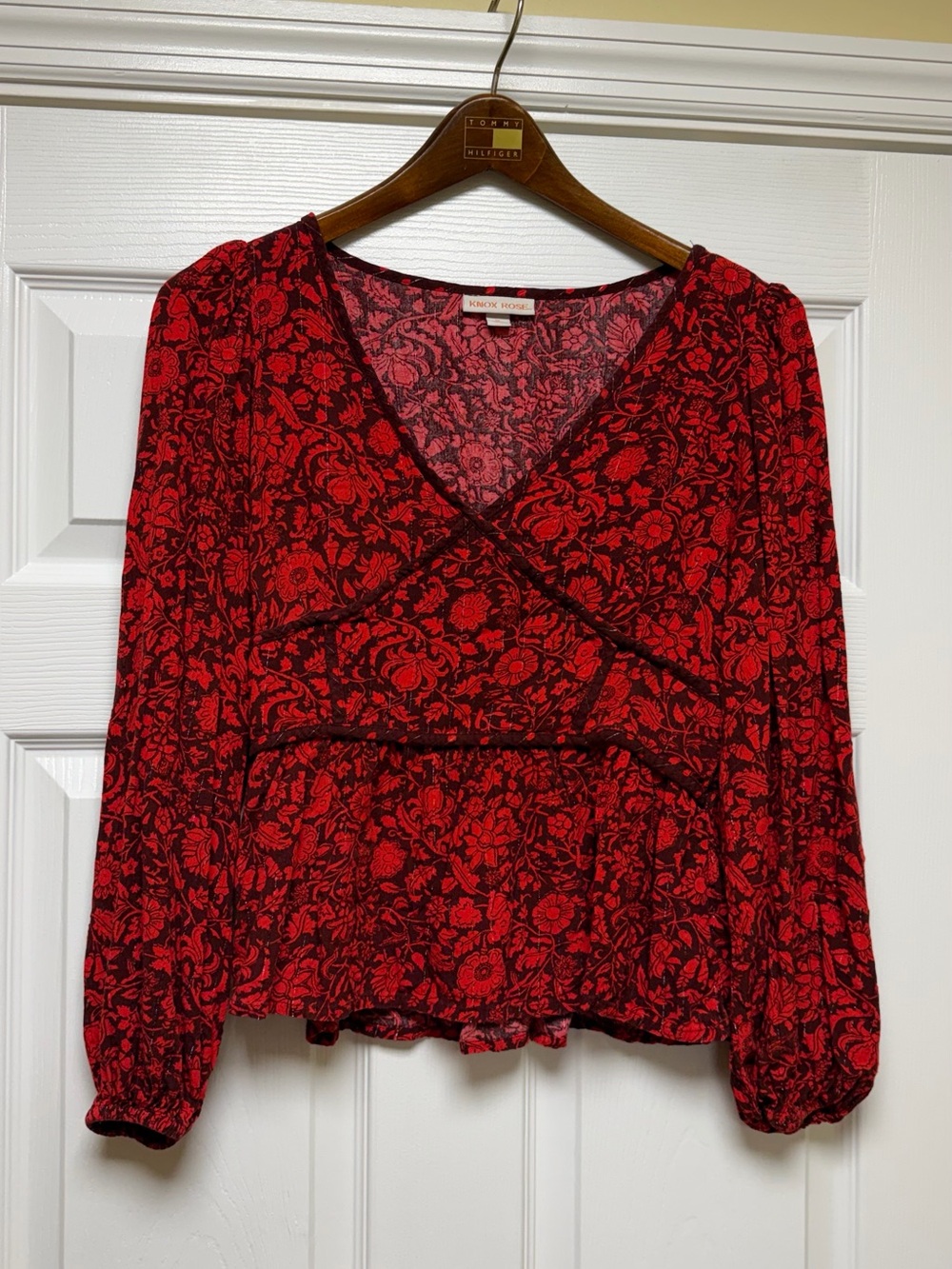 Knox Rose Red Floral Wrap-Style Blouse